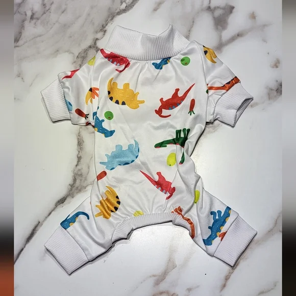 XPudac NWOT Dog 2pc White Monkey & Dinosaur Print Full Body Pajama Set Size XS - Picture 4 of 7